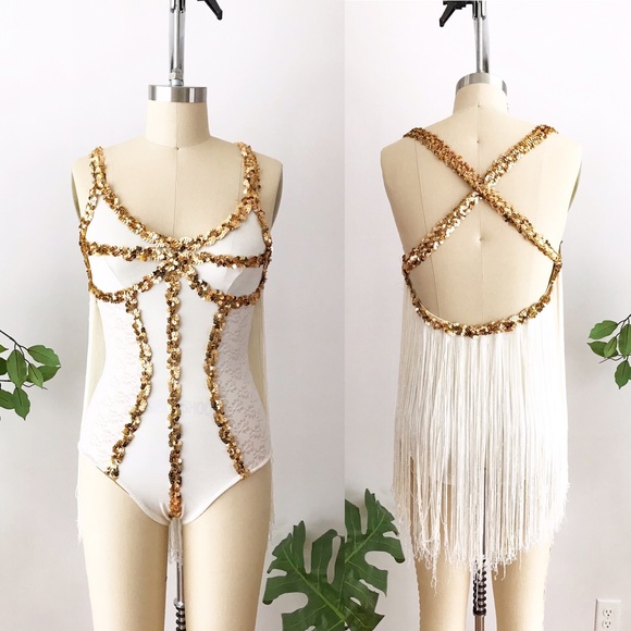 Vintage Tops - Vintage Fringe Back Bodysuit Sequin White Lace S